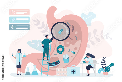 Gastroenterologist with magnifying glass examine stomach. Diseases of digestive system due to unhealthy food