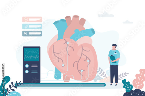 Doctor examines heart for diseases with medical equipment. Concept of cardiology and health care. Circulatory system checkup