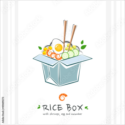 Rice box with shrimps, egg and cucumber. Healthy food design template. Illustration with takeaway poke bowl. Hawaiian food delivery.