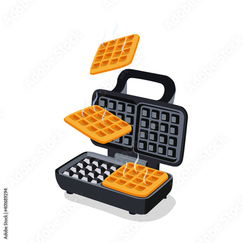 Belgian Waffle. Homemade dessert. Lunch cooking. Waffle iron isolated on the white background. Vector illustration