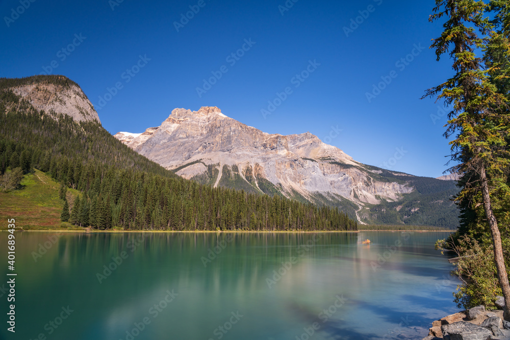 Emerald Lake in summer sunny day with Michael Peak Mountain in the background. Yoho National Park, Canadian Rockies, British Columbia, Canada.