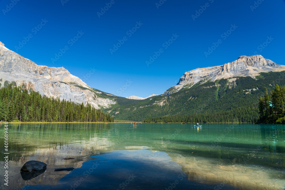 Emerald Lake in summer sunny day with Wapta Mountain in the background. Yoho National Park, Canadian Rockies, British Columbia, Canada.