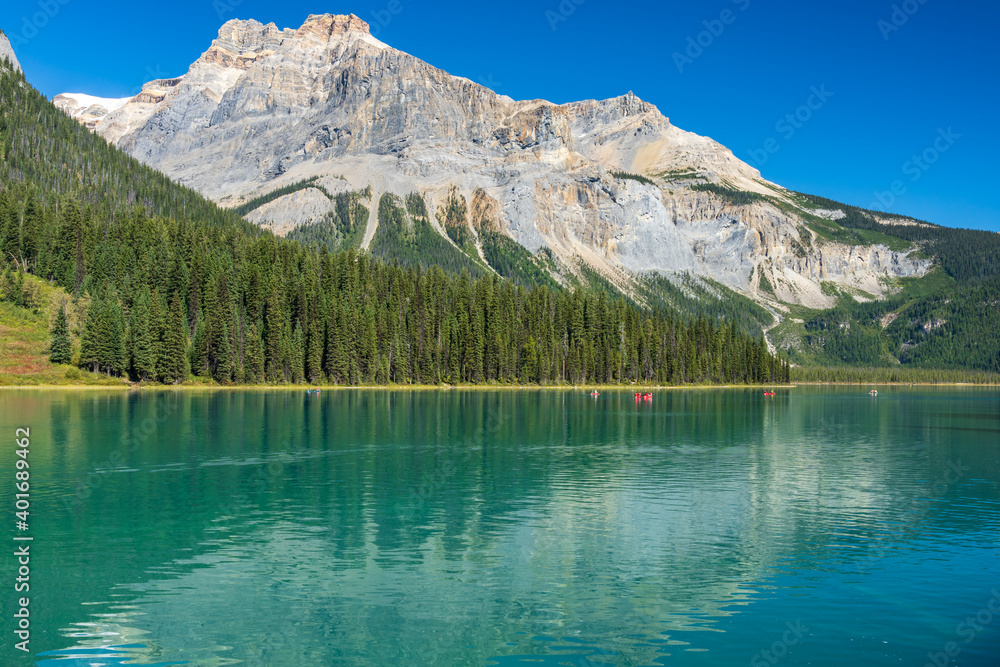 Emerald Lake in summer sunny day with Michael Peak Mountain in the background. Yoho National Park, Canadian Rockies, British Columbia, Canada.