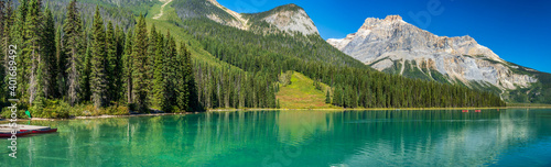 Emerald Lake panorama view in summer sunny day with Michael Peak Mountain in the background. Yoho National Park, Canadian Rockies, British Columbia, Canada.