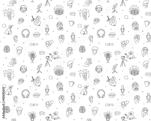 Radio host flat vector illustration seamless pattern. Media doodle drawing.