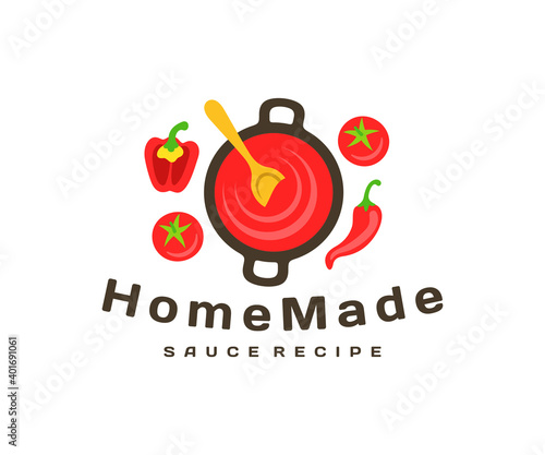 Making sauce, cooking sauce in a saucepan, logo design. Food, vegetables, tomatoes, spicy pepper, hot pepper and bell pepper, vector design and illustration