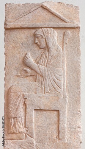 Wallpaper Mural Ancient bas-relief depicting young seated woman on ancient Greek funerary stele from Kerameikos, Athens, Greece Torontodigital.ca