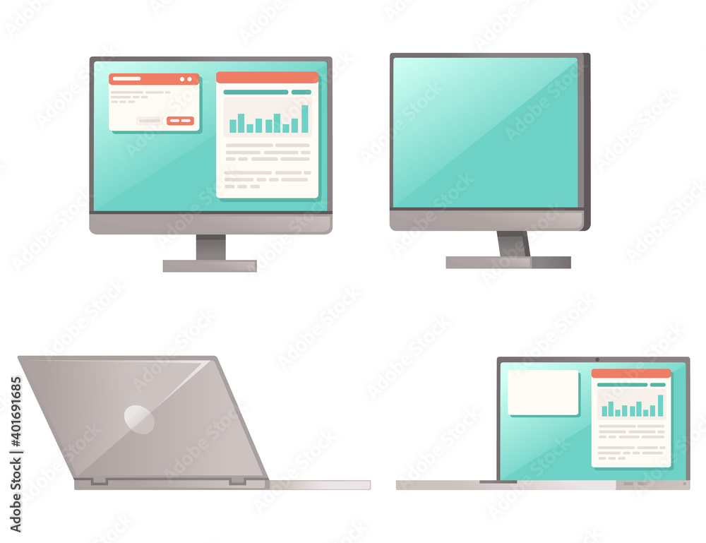 Modern computer devices notebook and All in one pc set of modern gadget flat vector illustration isolated on white background Modern computer devices notebook and All in one pc set of modern gadget flat vector illustration isolated on white background