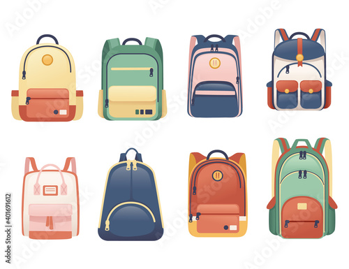 Set of school bags different size and shapes flat vector illustration on white background
