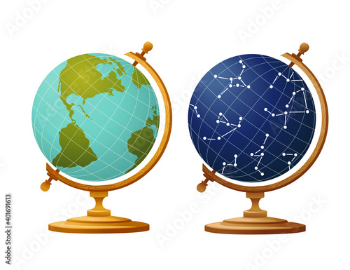 Photographie Set of two globe earth and sky constellation globe for school on wooden stand fl