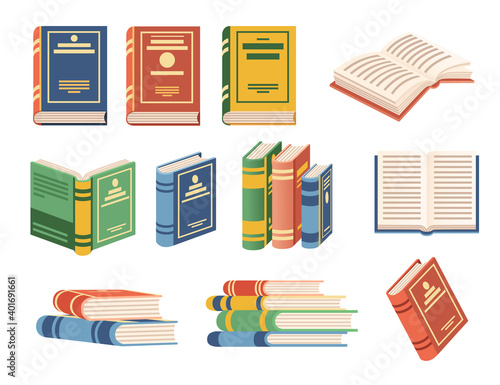 Books pile open and close books set for library flat vector illustration isolated on white background