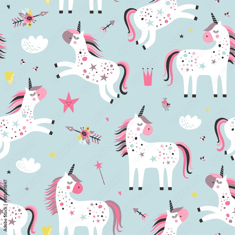 Childish seamless pattern with unicorns. Creative nursery background. Perfect for kids design, fabric, wrapping, wallpaper, textile, apparel
Childish seamless pattern with unicorns. Creative nursery background. Perfect for kids design, fabric, wrapping, wallpaper, textile, apparel