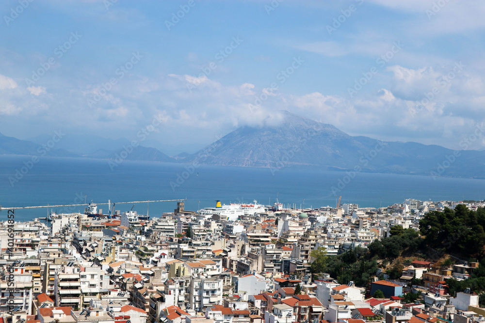 panoramic view of the city of Patras in Greece with the rocks of Gulf of Corinth on the background