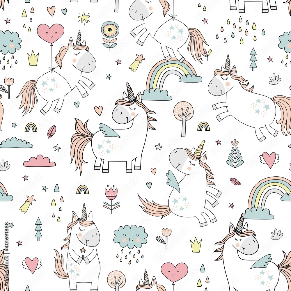 Fototapeta Childish seamless pattern with unicorns. Creative nursery background. Perfect for kids design, fabric, wrapping, wallpaper, textile, apparel