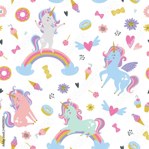 Childish seamless pattern with unicorns. Creative nursery background. Perfect for kids design  fabric  wrapping  wallpaper  textile  apparel 