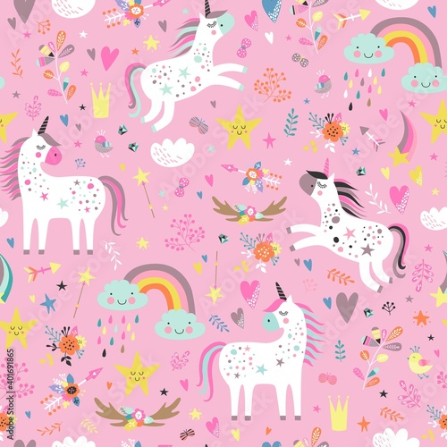 Childish seamless pattern with unicorns. Creative nursery background. Perfect for kids design, fabric, wrapping, wallpaper, textile, apparel 