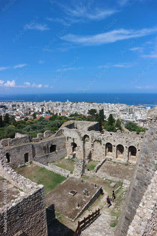 View from the byzantine Patras Fortress to the city and port of Patras and Mediterranean sea