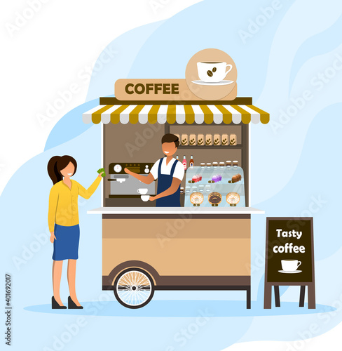 Female character buying coffee at coffee stall in park. Concept of fresh tasty coffee you can buy outdoors. Flat cartoon vector illustration