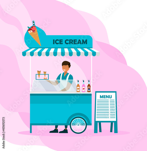 Smiling male character is working in ice cream stall on pink background. Conept of fresh ice cream of different flavours you can get outdoors in a park. Flat cartoon vector illustration
