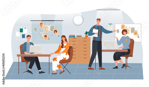Female character is giving testimony on police station. Police officers in uniform examine board with suspects portraits of ongoing investigation. Flat cartoon vector illustration