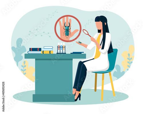 Female scientist examining bug on her palm with magnifier. Concept of entomology, catching insects, gathering closeup data. Biology Research work, molecular science. Flat cartoon vector illustration
