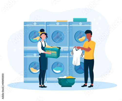 Female maid help man to put clothes into washing machine. Concept of room service and housekeeping in hotel. Flat cartoon vector illustration