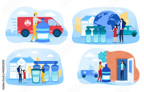 Set of water delivery situations with delivery boy and customers. Fast and convenient way to have water delivered at your door. Mother and daughter recieving water. Flat cartoon vector illustration