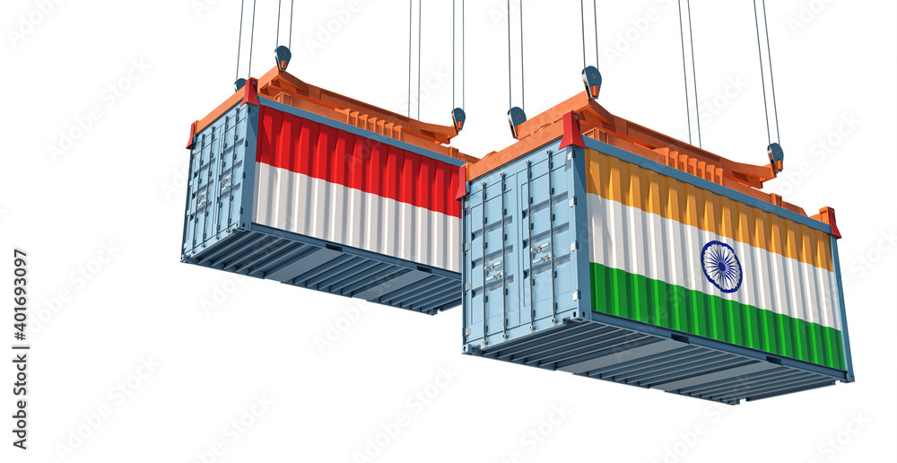 Freight containers with Indonesia and India national flags. 3D Rendering 