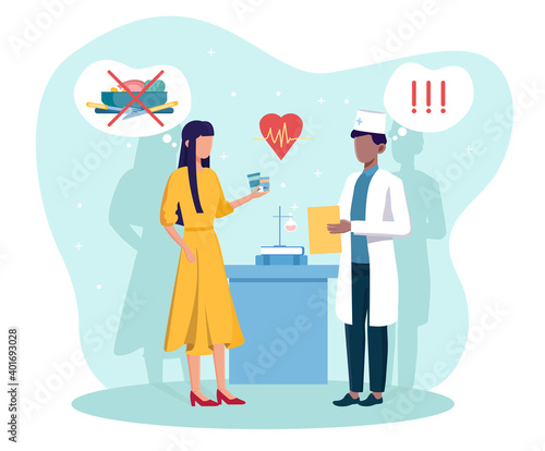 Male doctor gives prescription medicine to woman with anorexia. Concept of eating disorders, psychological problems. Worried girl with pills listening to doctor. Flat cartoon vector illustration