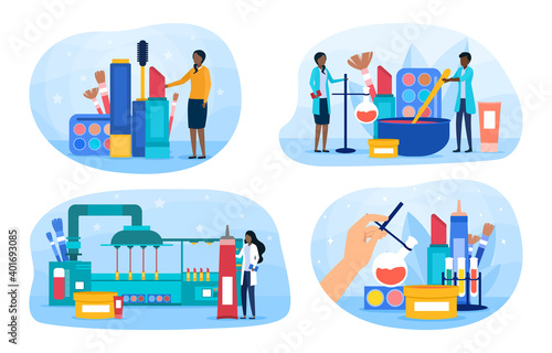 Set of different stages of cosmetic production. Concept of people in uniform working at the factory to make and sell cosmetics. Flat cartoon vector illustration