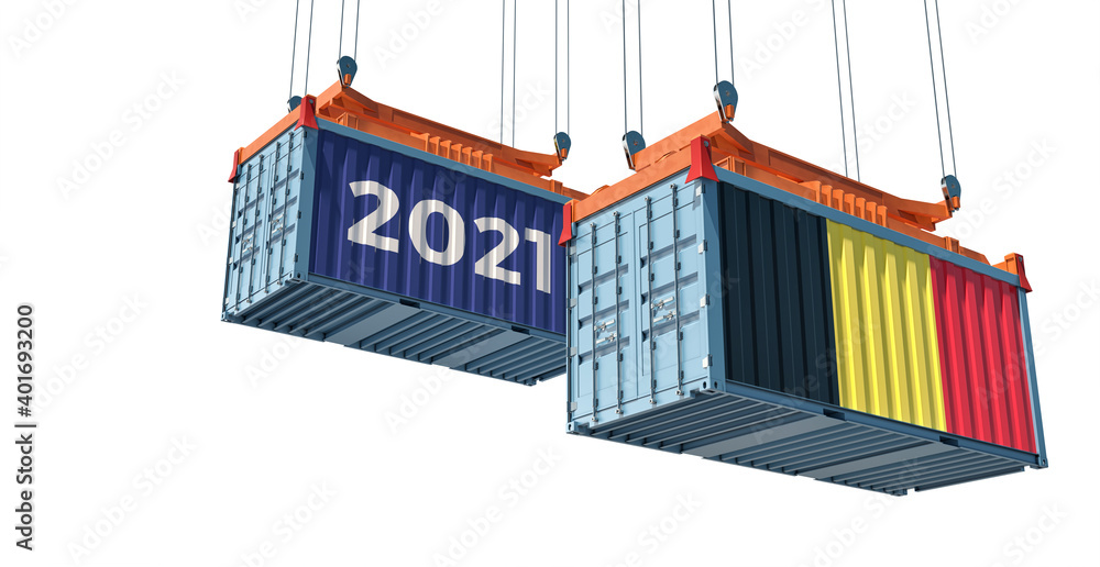 Trading 2021. Freight container with Belgium flag. 3D Rendering Trading 2021. Freight container with Belgium flag. 3D Rendering