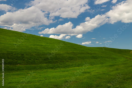 Saftig grüne Wiese mit blauen Himmel Hügel