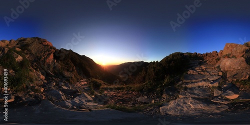 Spherical HDRI Panorama of sunrise in the mountains © Ruchacz