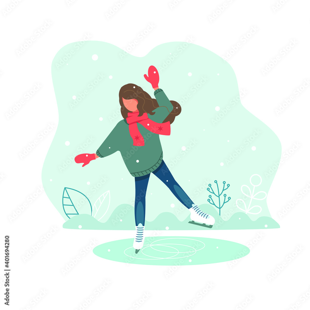 Girl skates on the ice during the winter. A young woman learns to skate. Snowfall, winter. Cute vector illustration in flat style