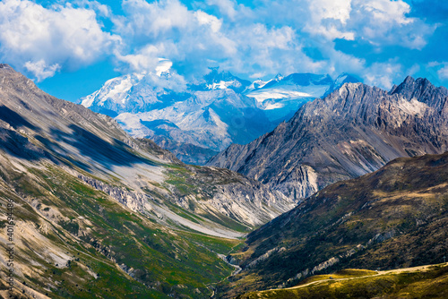Panoramic view of the Italian Alps and the valley between them from the town of Livigno in Lombardy