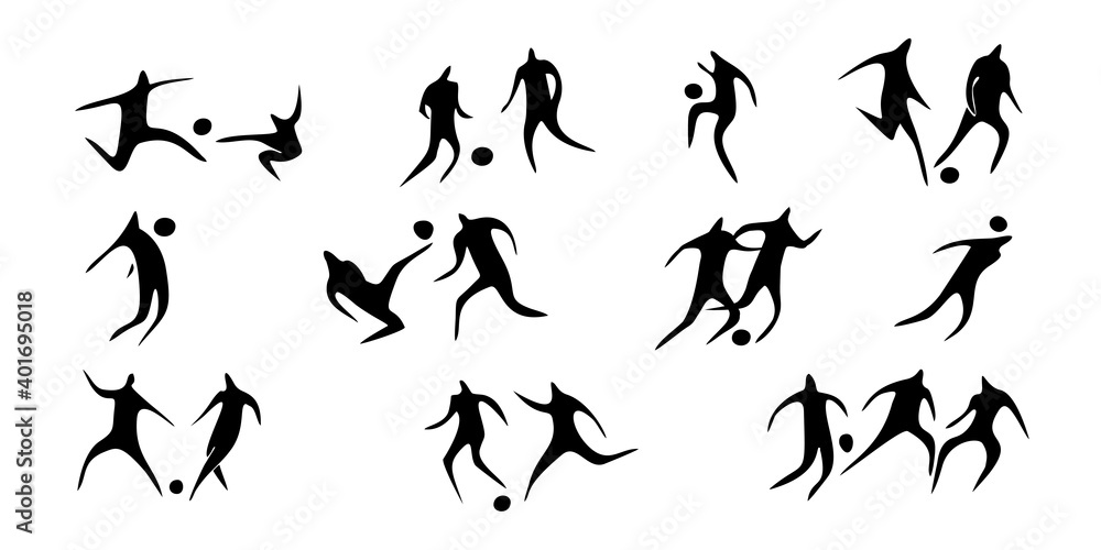 Football icon. set of silhouettes of football players in different poses, vector on a white background. Contour style. Football icon. set of silhouettes of football players in different poses, vector on a white background. Contour style.