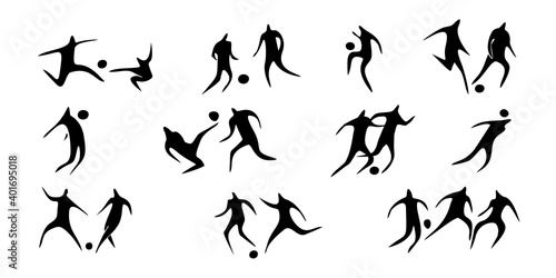 Football icon. set of silhouettes of football players in different poses, vector on a white background. Contour style.
