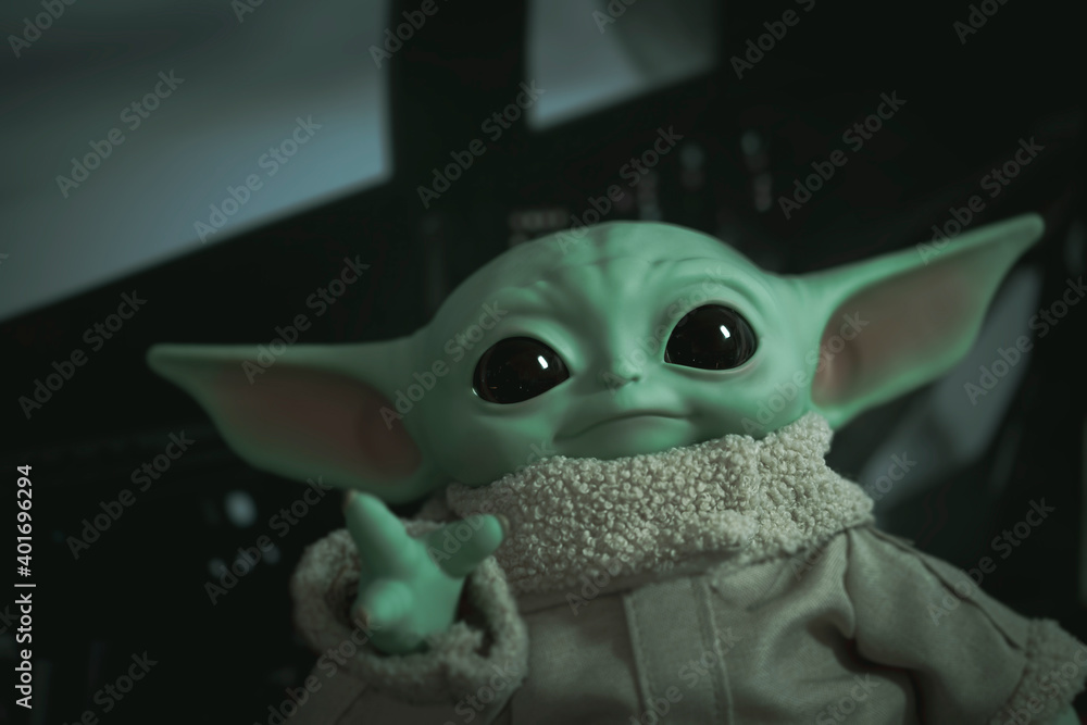 NEW YORK USA, DEC 28 2020: portrait of Jedi Grogu from Disney Plus series  The Mandalorian (baby Yoda) - Mattel 11 inch plush toy Stock Photo