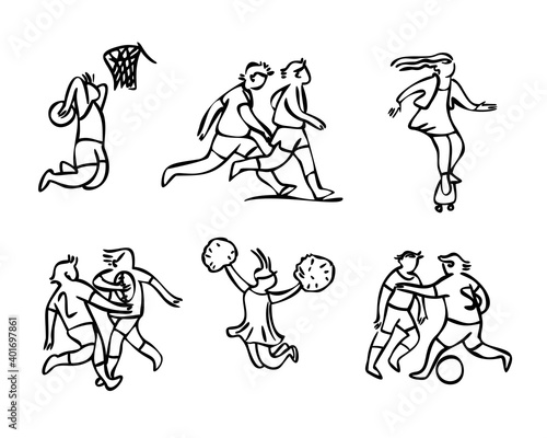 Sports at school. Sport player icon set. Line art. Football, baseball, running, cheerleading, basketball,