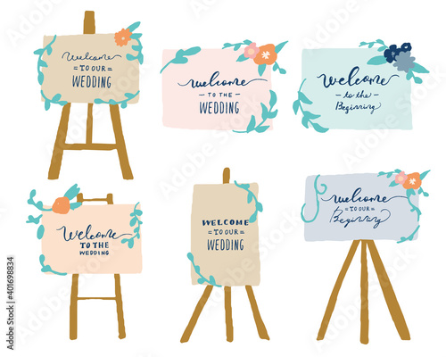 結婚式のウェルカムボードベクターイラストセット　welcome wedding board.Vector illustration