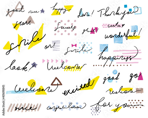 手書きのおしゃれなメッセージロゴ　Set labels and bages for sellers including ''thank you'', ''for you'', ''happy'' and ''good'' labels. Vector illustration