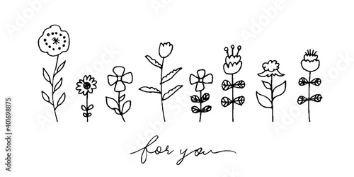  北欧風花のメッセージカード用イラスト　Set of hand drawn illustration. Vector outline. Isolated