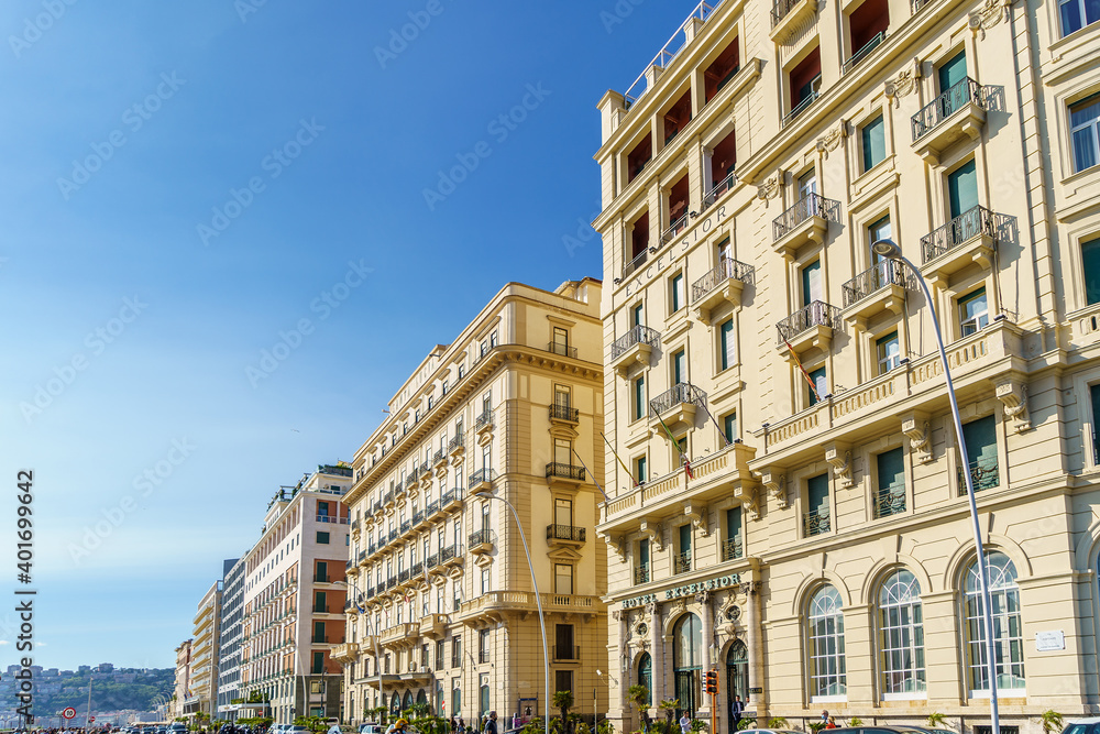 Ancient baroque style palaces on Partenope Street, The beautiful and famous seafront of Naples, Campania, Italy Ancient baroque style palaces on Partenope Street, The beautiful and famous seafront of Naples, Campania, Italy