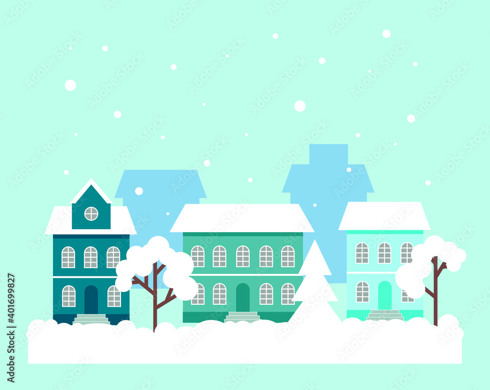 Vector winter illustration of cityscape with snowfall.
Festive background design with architecture, trees and snow.