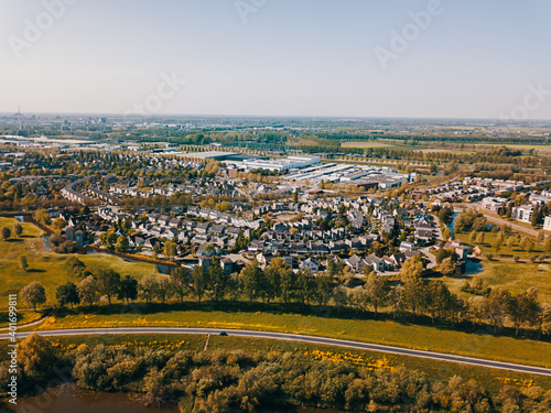 Aerial drone shot of the typical suburban in the Netherlands.