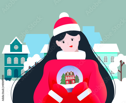 Vector winter illustration of a girl holding a glass winter ball on the background of the cityscape.
A smiling girl in Christmas clothes holds a glass snow globe in her hands. Christmas spirit.