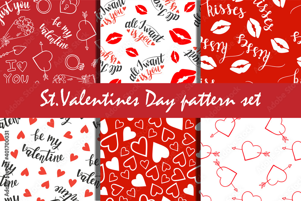 Fototapeta premium St.Valentines Day lettering, hearts and lips seamless pattern set of 6, red and white backgrounds vector for cards, banners, wrapping paper, posters, scrapbooking, pillow, cups and fabric design. 