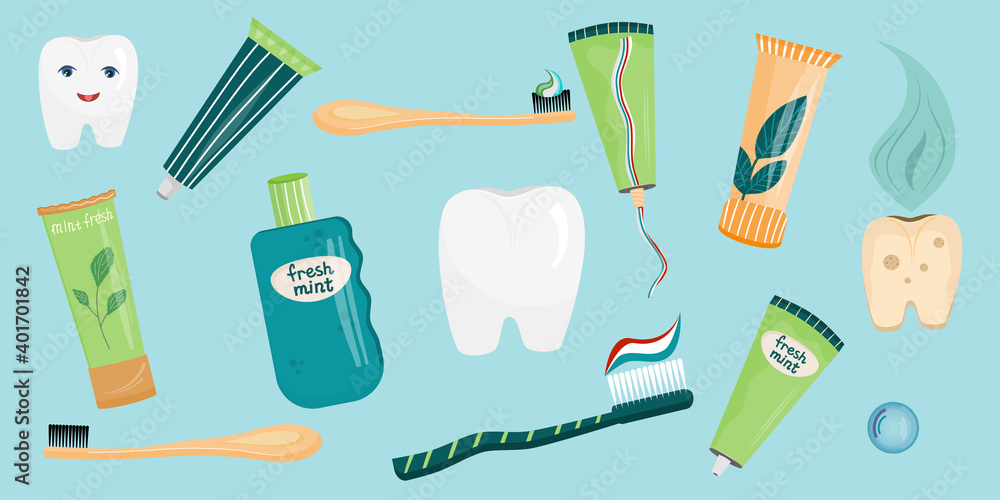 A set of teeth and accessories for cleaning the oral cavity in a cartoon style. Toothpastes and toothbrushes, healthy and sick tooth. Vector illustration for the care of the oral cavity..