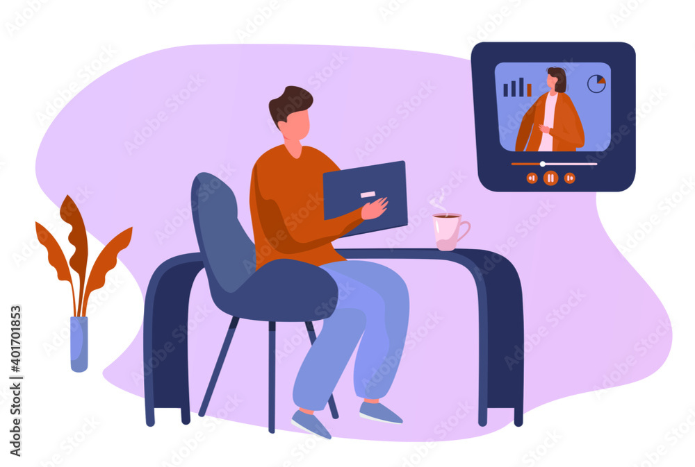 Boy Watching Online Courses.Student Freelancer Working at Home.Online Business School Concept.Online Video Communication.Concept of Video Presentation and Training in Business.Vector Flat illustration Boy Watching Online Courses.Student Freelancer Working at Home.Online Business School Concept.Online Video Communication.Concept of Video Presentation and Training in Business.Vector Flat illustration