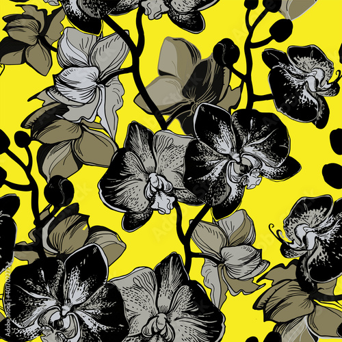 Ultimate Gray Silhouettes of Orchid Flowers Drawn by Hand Closeup on Yellow Illuminating Background in trendy colors 2021. Floral seamless pattern in full bloom for textile, dress, fabric, wallpaper.